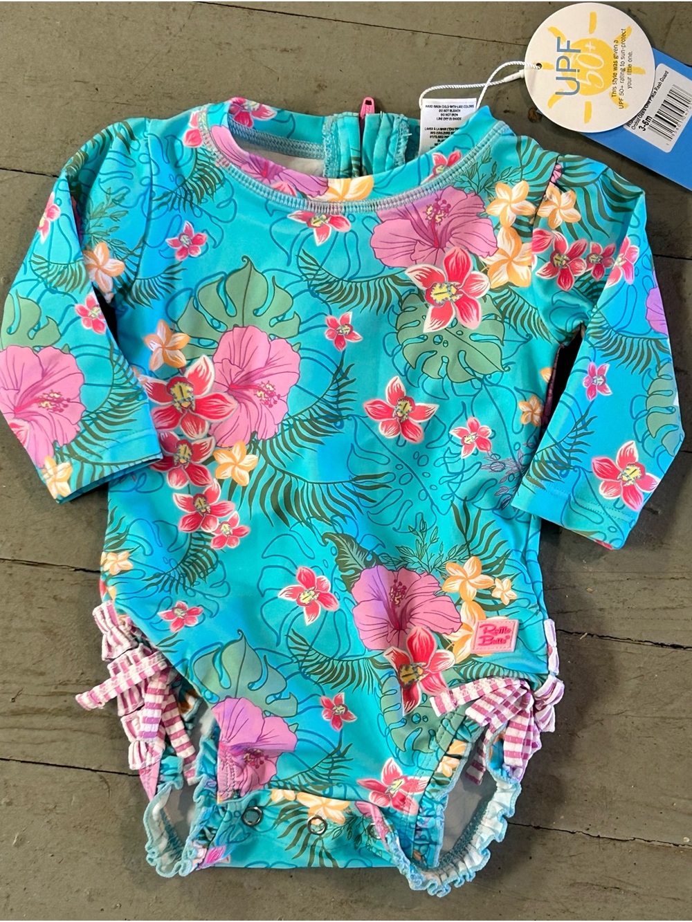 RuffleButts Baby Girls Tropical Floral Long Sleeve Rash Guard Swimsuit 3-6M